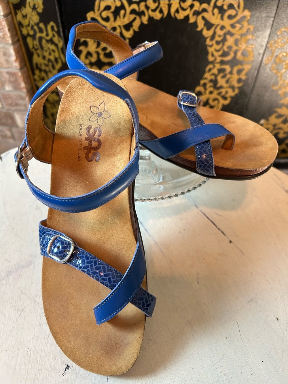 SAS Pampa Toe Loop Sapphire Blue Weave Leather Strappy Buckle Sandals Like New 9
